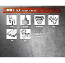 UNI FI-X lämplig för plast, betong, keramik, sten, trä, kork, polystyren och laminat.