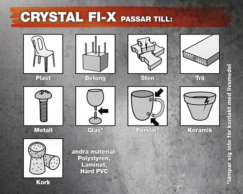 Crystal Fi-X lämplig för plast, betong, sten, trä, metall, glas, porslin, keramik, kork, polystyren, laminat och hård PVC. Ej lämplig för kontakt med livsmedel.