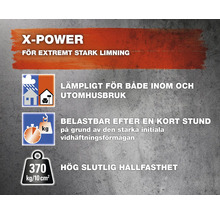 X-Power lim egenskaper: lämplig för både inomhus och utomhusbruk, kan belastas efter en kort stund, hög slutlig hållfasthet