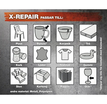 X-Repair lämpliga material: plast, porslin, keramik, trä, kork, läder, textilier, gummi, sten, kartong, papper, glas samt metall och polystyren