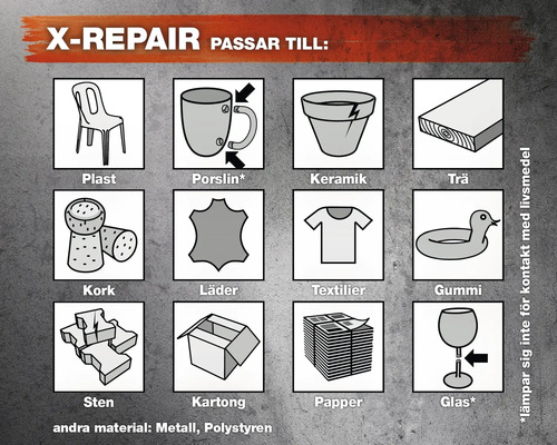 X-Repair lämpliga material: plast, porslin, keramik, trä, kork, läder, textilier, gummi, sten, kartong, papper, glas samt metall och polystyren