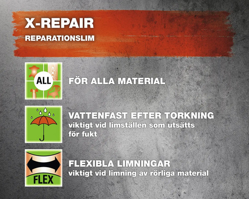 X-Repair reparationslim för alla material, vattentät efter torkning och flexibla limningar