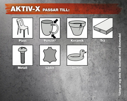 AKTIV-X Lämplig för: Plast, porslin, keramik, trä, metall, läder, gummi. Ej lämplig för kontakt med livsmedel.
