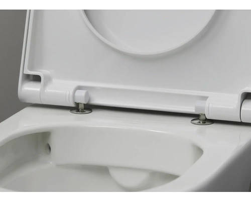 Detaljvy av en vit toalett med öppet toalettlock.