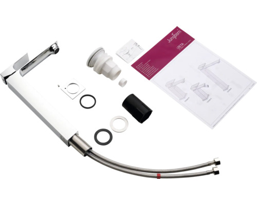 Bild på en tvättställsblandare med tillbehör och monteringsanvisning