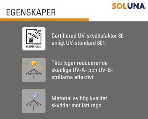 Soluna produktegenskaper: Certifierad UV-skyddsfaktor 80 enligt UV-standard 801, tyg reducerar UV-A- och UV-B-strålar, material skyddar mot lätt regn