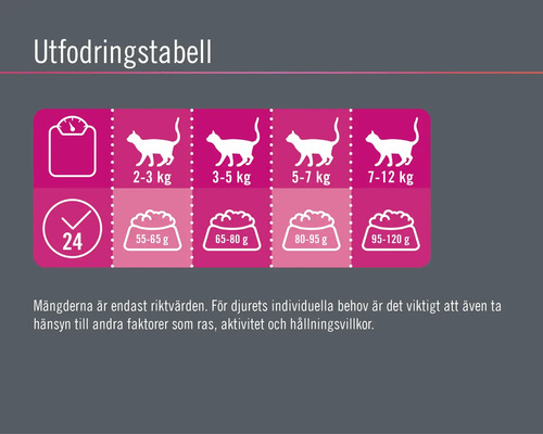 Utfodringstabell för katter med viktrekommendationer och utfodringsrekommendationer