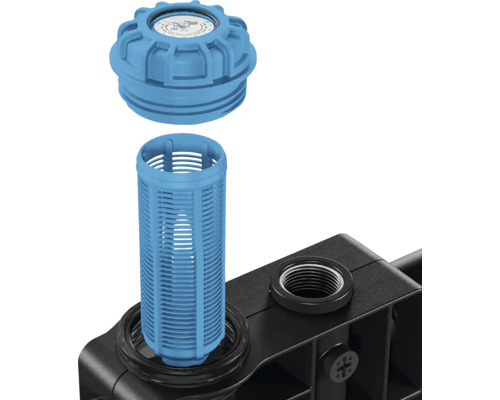 Bevattningsfilter med blått filterpatron och svart hölje