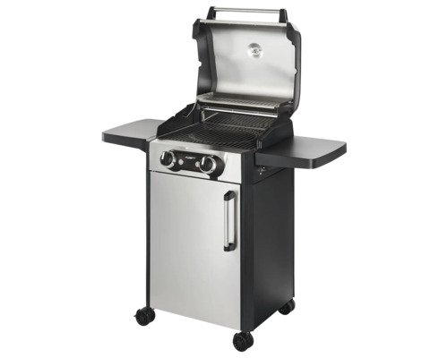 Gasolgrill med två brännare, förvaringshyllor och rullbart underskåp