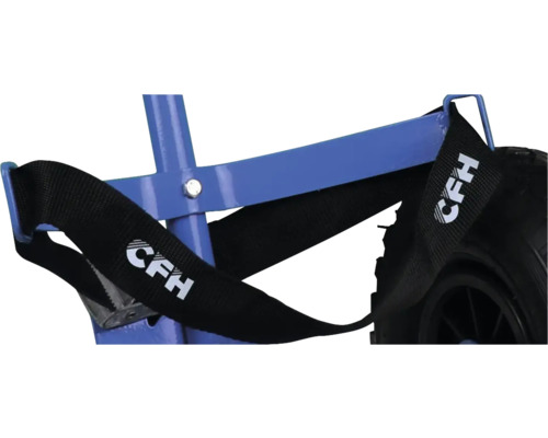 Detaljvy av en säckkärra med spännband och CFH-logotyp.