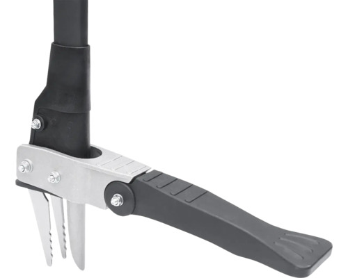 Närbild av en ogräsrensare med metallstång och plasthandtag