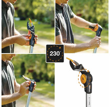 Flera vyer av en Fiskars PowerGear X grensax med 230 graders vridbart huvud.