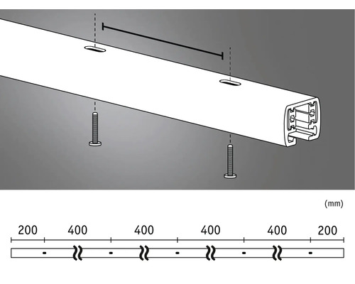 Installationsskiss av en gardinskena med skruvar och mått