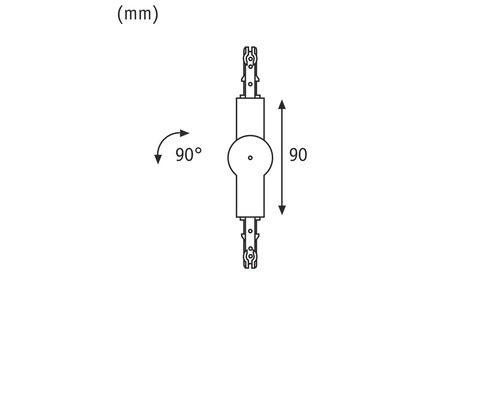 Teknisk ritning av ett beslag med en längd på 90 millimeter och en rotationsvinkel på 90 grader.