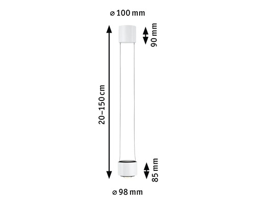 Mått på en cylindrisk lampa: diameter upptill 100 millimeter, diameter nedtill 98 millimeter, höjd upptill 90 millimeter, höjd nedtill 85 millimeter, total höjd 20 till 150 centimeter.