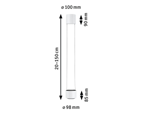 Teknisk ritning av en pendelarmatur med måtten 20 till 150 centimeter lång, 100 millimeter diameter upptill och 98 millimeter diameter nedtill.