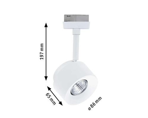 Bild på en vit spotlight för skena med måtten 197 mm höjd, 65 mm bredd och 86 mm diameter