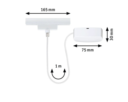 Bild med måttangivelser för en rörelsedetektor, 165 mm bred, 75 mm djup, 30 mm hög, kabellängd 1 m