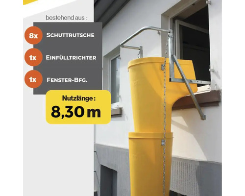 Schakttrumma med påfyllningstratt och fönsterfäste, användbar längd 8,30 meter