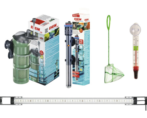 Akvarietillbehörsset med innerfilter, värmestav, fiskhåv, termometer och LED-belysning