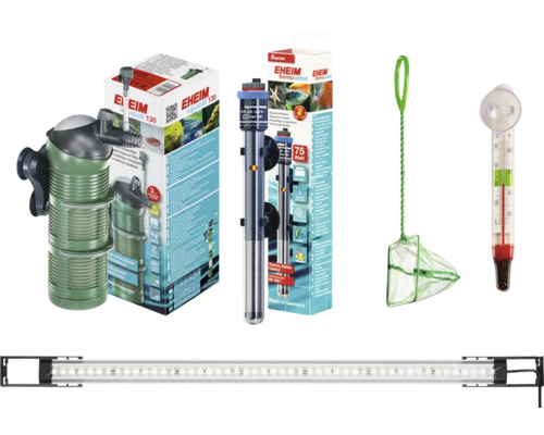 Akvarietillbehör från Eheim: innerfilter, värmeelement, fiskhåv, termometer och LED-lampa