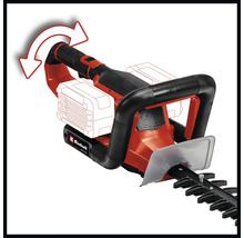 Einhell batteridriven häcksax med roterande handtag för flexibel beskärning.
