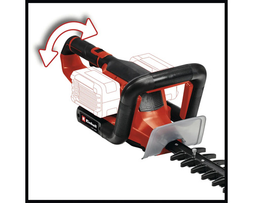 Einhell batteridriven häcksax med roterande handtag för flexibel beskärning.
