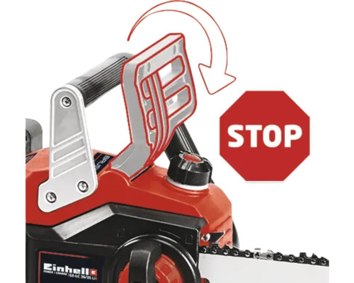 Illustration av säkerhetssystemet för en motorsåg med en stoppskylt