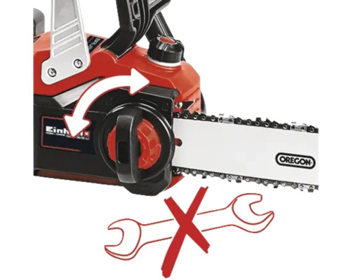 Enhandskedjesåg med pil som indikerar rotationsrörelsen och symbol för att inga verktyg behövs