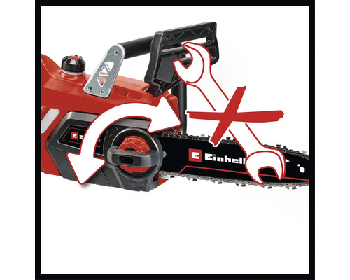 Einhell motorsåg med markering som indikerar att inga verktyg behövs för underhåll