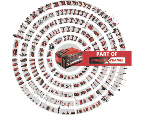 Ett Einhell Power X-Change batteri i mitten, omgiven av en mängd olika Einhell-verktyg