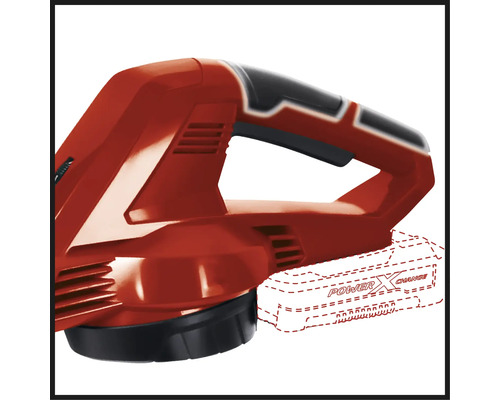 Detaljbild av en röd Einhell batteridriven lövsug med ett antytt batteri