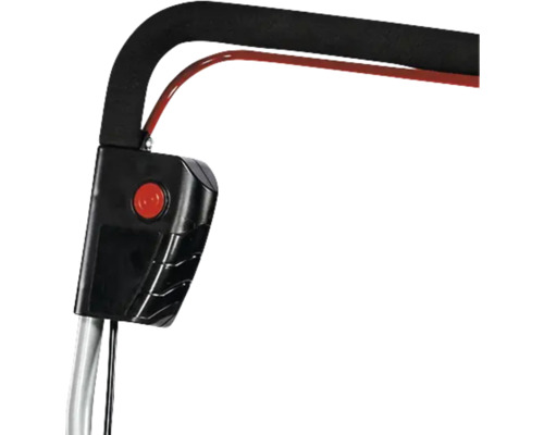 Detaljvy av en gräsklippare med handtag, kontroller och kabel