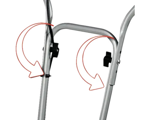 Detaljvy av en hopfällbar transportvagn med instruktionspilar för användning.