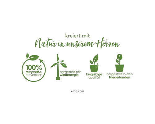Elho hållbarhetssigill: 100 procent återvunnet och återvinningsbart, tillverkat med vindkraft, långvarig kvalitet, tillverkat i Nederländerna