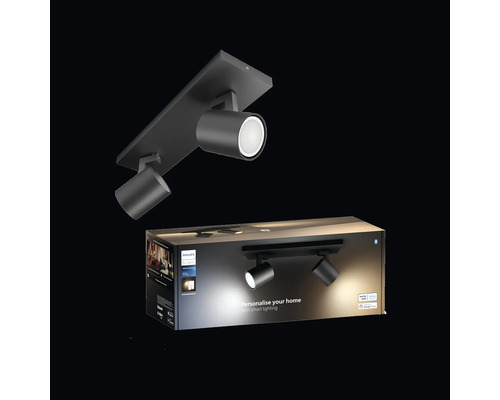 Philips Hue White Ambiance LED-spotlight med två lampor och produktförpackning