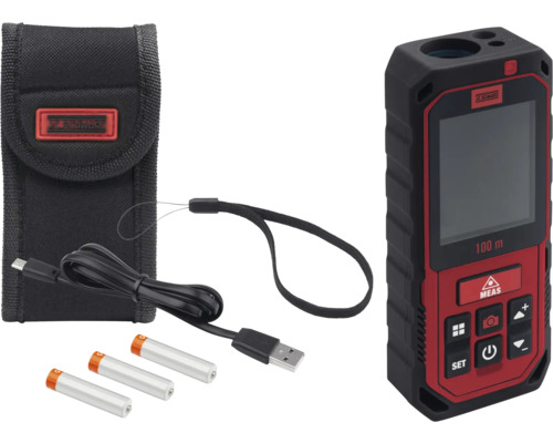 Lasermätare med tillbehör, inklusive väska, USB-kabel och batterier
