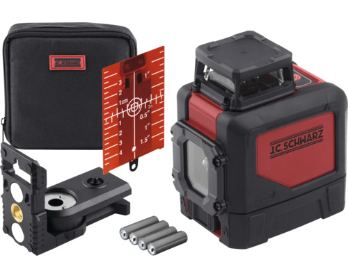 J.C. Schwarz krysslaser med måltavla, hållare, batterier och transportväska