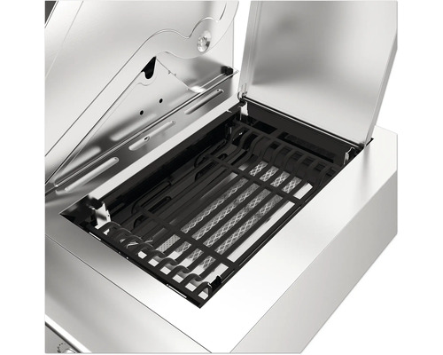 Insidan av en gasgrill i rostfritt stål med grillgaller