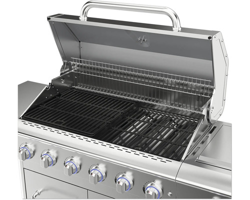 Grill med öppet lock, grillgaller och kontrollknappar.