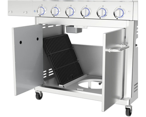 Gasolgrill med öppna dörrar och grillgaller