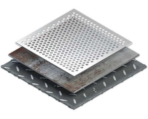 Tre olika metallplåtar: perforerad plåt, stålplåt och durkplåt