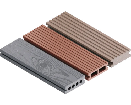 Tre trädäck av kompositmaterial i olika utföranden