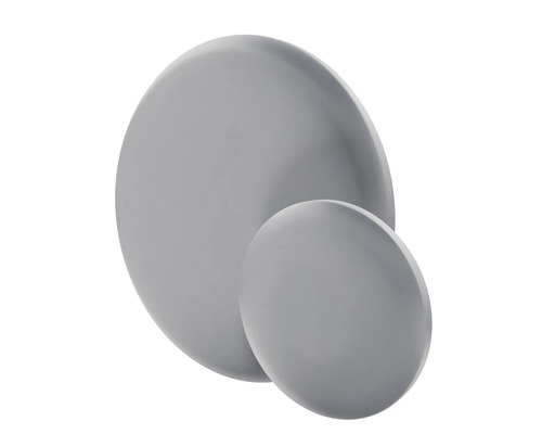 Två runda, grå möbelknoppar i olika storlekar