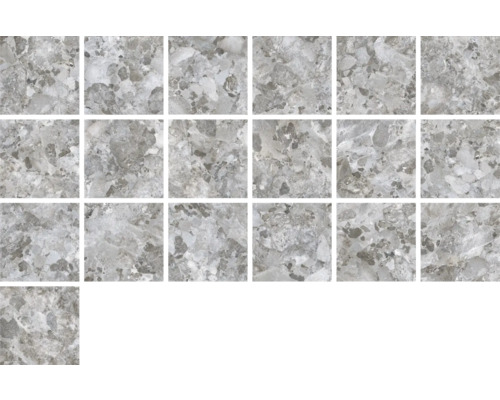 Flera gråa golvplattor med marmordesign.