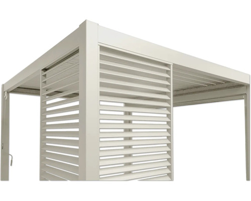 Närbild av en pergola med lamellvägg