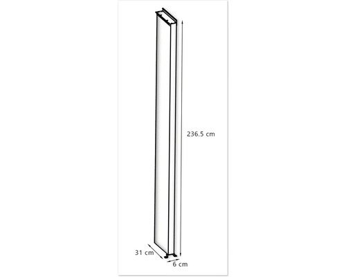 Avbildad är en hylla som är 236,5 cm hög, 31 cm bred och 6 cm djup.