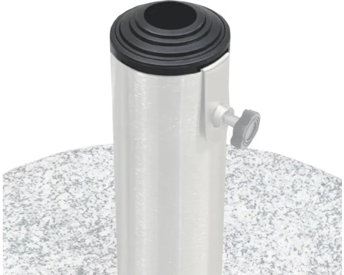 Detaljvy av ett parasollställ med låsskruv och rör