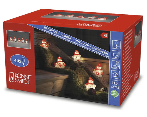 Förpackning med en ljusslinga med snögubbe-figurer för utomhusbruk från Konstsmide, med 40 LED-lampor