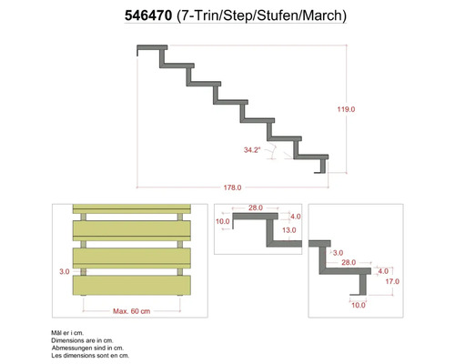 Teknisk ritning av en trappa med sju steg och tillhörande mått